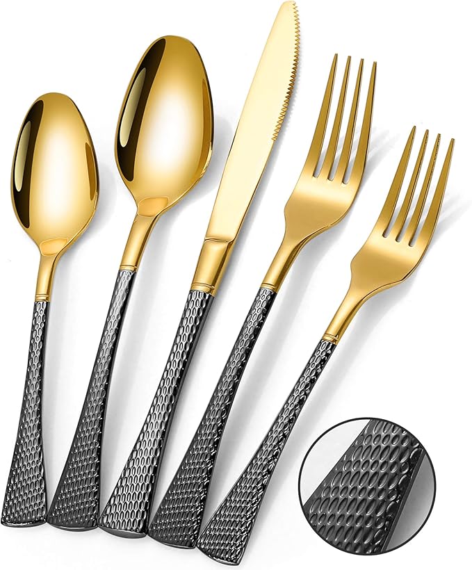 Lemeya Hammered Black Gold Silverware Set for 8,Stainless Steel 40-Piece Modern Cutlery Set,Mirror Polished Heavy Duty Flatware Set Utensil Set,Knives Spoons and Forks Set,Dishwasher Safe