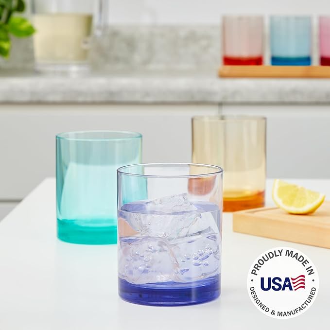 US Acrylic Classic Plastic Reusable Drinking Glasses (Set of 6) 12oz Rocks Cups Assorted Colors | BPA-Free Tumblers, Made in USA | Top-Rack Dishwasher Safe