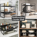 2Pack 16.5-27’’L Expandable Kitchen Shelf Organizer, Stackable Shelves Organizer, Adjustable Height Pantry Spice Rack for Cabinet, Countertop, Pantry and Cupboard, Black