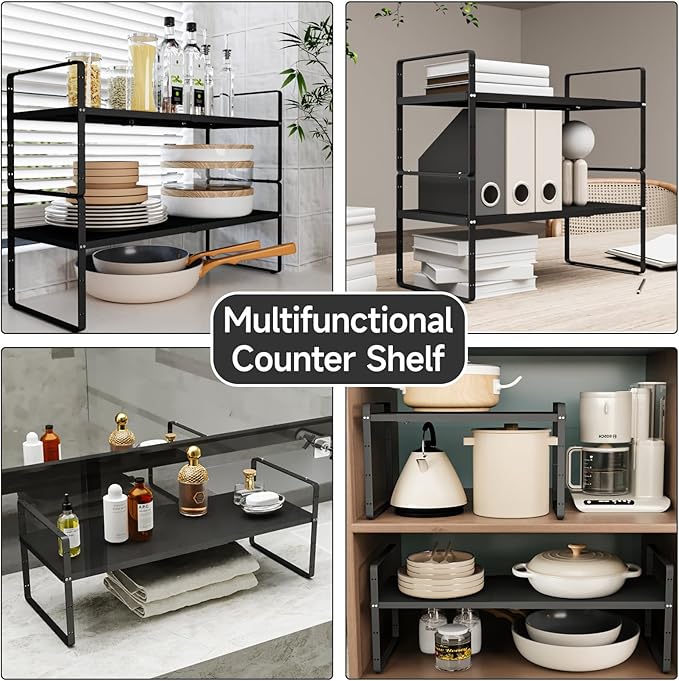 16.5-27’’L Expandable Cabinet Shelf Organizers, Stackable Metal Shelves Extender for Kitchen Countertop Storage, Adjustable Spices Shelves Rack Stand for Cupboard Pantry, Black