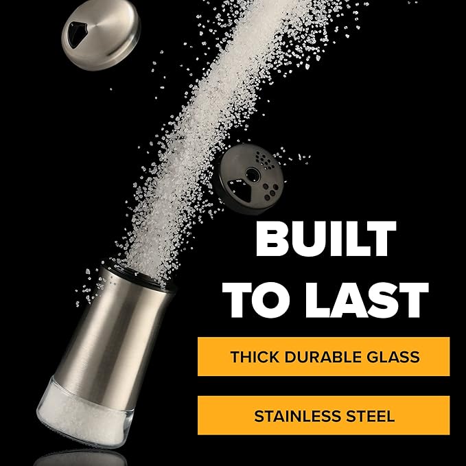 The Original Salt and Pepper Shakers set - Silver- Spice Dispenser with Adjustable Pour Holes - Stainless Steel & Glass Set of 2 Bottles