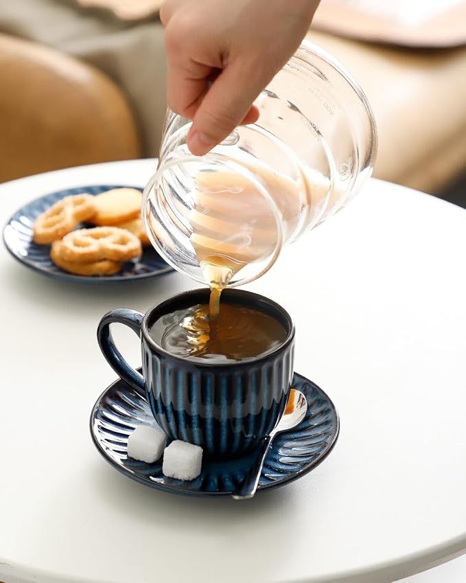 Hasense Ceramic Cappuccino Cups and Saucers Set of 4, Ribbed 6 Oz Demitasse Tea Cup with big Handle, Mugs Set for Coffee,Tea,Latte and Mocha, Aesthetic Gift for Anniversary or Holiday, Blue