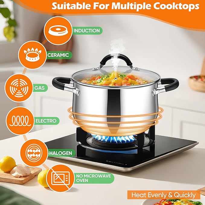 P&P CHEF Stainless Steel Stock Pot, 6 Qt Cooking Soup Pot with Visible Lid for Pasta, Tri-Ply Bottom & Dual Heatproof Handles, For Induction Gas All Stoves, Non-Toxic & Dishwasher Safe