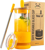 Pandaloo® Glass Cups With Lids and Straws -20 Fl Oz- Perfect Size Iced Coffee Cup - Smoothie Cup With Bamboo Lid and On the go Lid - Glass Tumbler With Straw (1 Count (Pack of 1), Maracuja Dream)