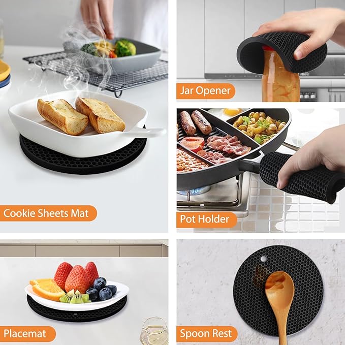 4 Pack Silicone Trivet Mats, 7 Inch & 9 Inch Flexible Heat Resistant Silicone Hot Pads Pot Holders for Kitchen Counter, Round Trivets for Hot Dishes - Potholders Jar Opener(Black)