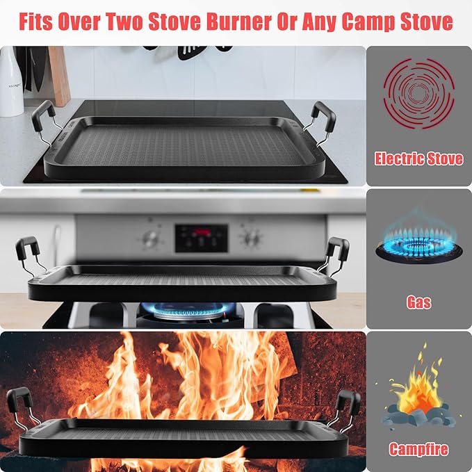 Vayepro Stove Top Griddle, 22 Inch 2 Burner Large Grill Pan for Stove Top, Non-Stick Aluminum with Handles, Indoor Outdoor Cooking/Camping