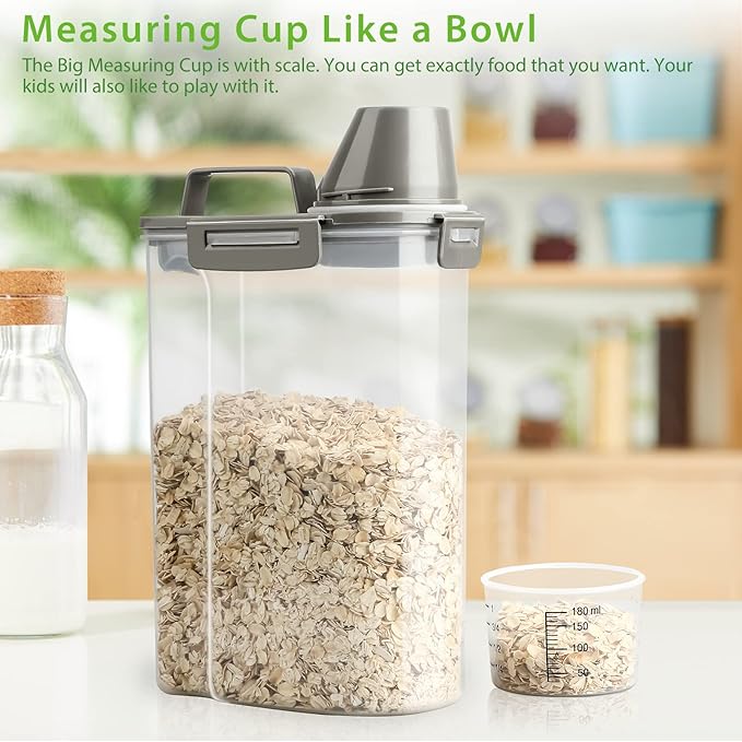 Rice Airtight Storage Container, 3 to 5Lbs Cereal Dry Food Flour Bin, Pet Dog Cat Food Dispenser with Measuring Cup, BPA Free Clear Plastic Kitchen and Pantry Organization Bin for Sugar