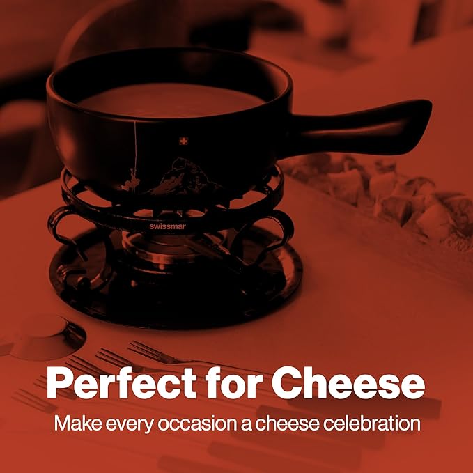 Swissmar Gruyere Cheese Fondue Set - 2.8 QT / 2.65 L - Ceramic Fondue Pot with Rechaud, Fondue Burner, 6 Forks - Ideal for Melting Cheese, Chocolate & Caramel - Black