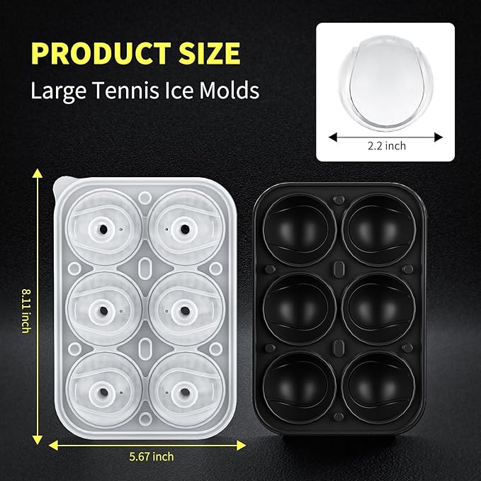6 Chamber 2.2" 3D Tennis Gifts Ice Cube Tray With Funnel,Large Round Ice Ball Maker Mold Silicone Fun Shapes Bourbon Sphere Ice Molds,For Chilling Whiskey,Cocktails,Bourbon,Brandy and Beverages