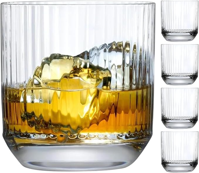 NUDE Whiskey Glasses Set of 4 SOF – 9.25 oz Lead-Free Crystal Old Fashioned Rocks Glasses for Whisky, Scotch & Bourbon – Etched Linear Pattern, Dishwasher Safe Barware