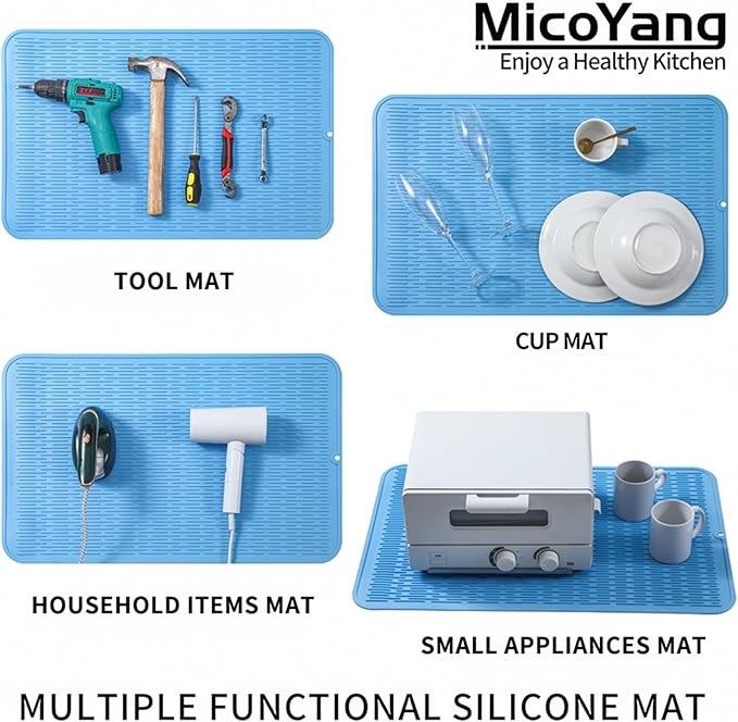 Silicone Dish Drying Mat for Multiple Usage,Easy clean,Eco-friendly,Heat-resistant Silicone Mat for Kitchen Counter or Sink,Refrigerator or Drawer Liner Light Blue 4XL 32 inches x 18 inches