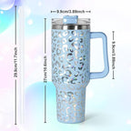 sweet grain 40 oz Tumbler with Handle and Straw, Stainless Steel Blue Leopard Print Tumbler and Straw Lid, Double Vacuum Cheetah Cup, Keeps Drinks Cold Up to 24 Hours