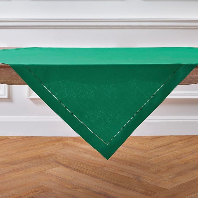 Solino Home Linen Emerald Green Tablecloth 52 x 52 Inch - 100% Pure Linen Square Table Throw - Classic Hemstitch, Machine Washable Table Cloth