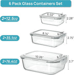 Vtopmart 2.26L/76oz Extra Large Glass Food Storage Containers with Lids, 6 pack Meal Prep Container Set, Airtight Lunch Boxes with Snap Locking Lids for Microwave, Oven, Freezer, Dishwasher