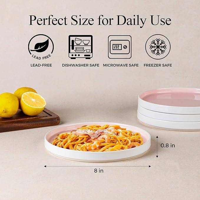 AmorArc Ceramic Plates Set of 6, 8.0 Inch Round Stoneware Salad Plates Use for Dessert, Salad, Appetizer etc,Microwave and Dishwasher Safe, Scratch Resistant Small Deep Dinner Plates-Cloud Pink