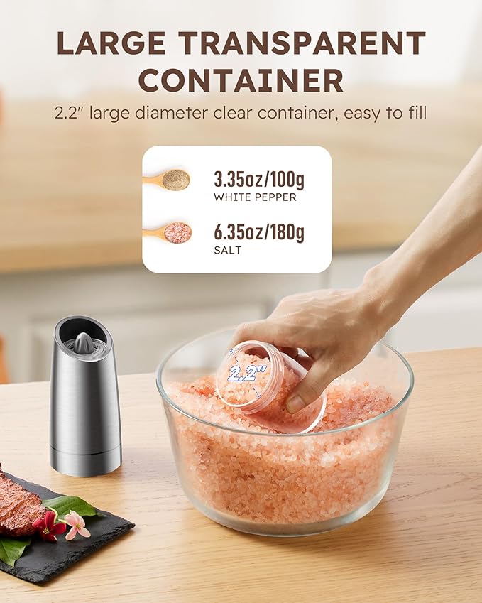 Sangcon Gravity Electric Pepper and Salt Grinder Mill Set Automatic Shakers Grinder with LED Light, Battery Powered Adjustable Coarseness One Hand Operation, Random X or XL Capacity