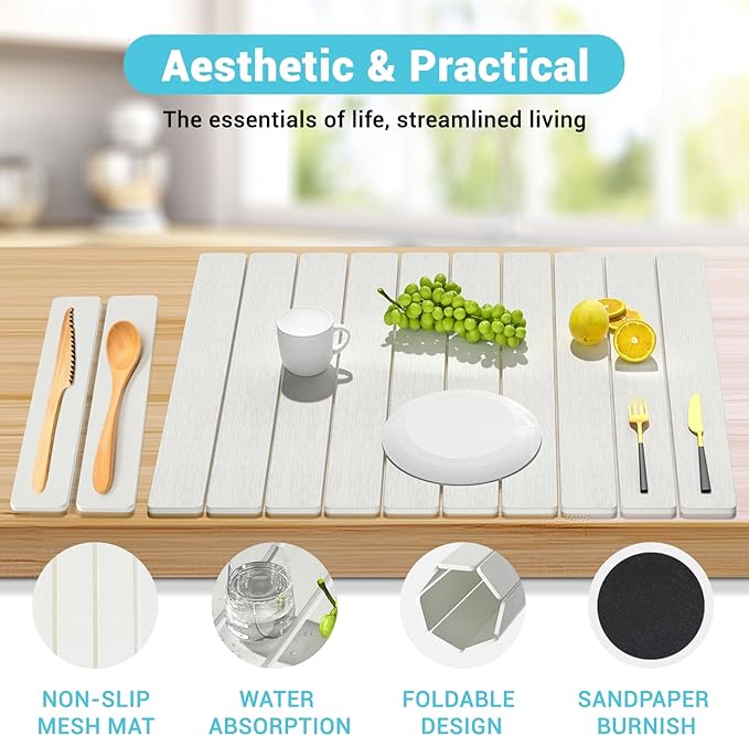 2Pack Stone Dish Drying Mats for Kitchen Counter, Quick Dry Absorbent Diatomite Sink Tray, Foldable Non Slip Dish Rack Mat for Dishes Cups, Perfect for Kitchen Bathroom White (23"x15.3" & 8.2"x4")