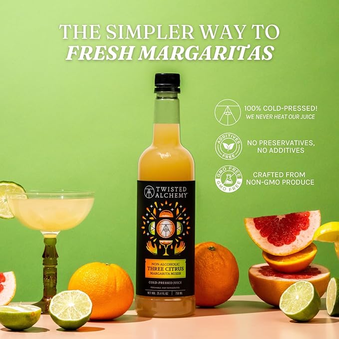 Twisted Alchemy Three Citrus Margarita Mix - Premium Margarita Mixer With Cold Pressed Juice For Craft Cocktails, 50% Juice - (25 Oz Bottle, Pack of 3) - All Natural, Non-GMO & Preservative Free - Ships Cold