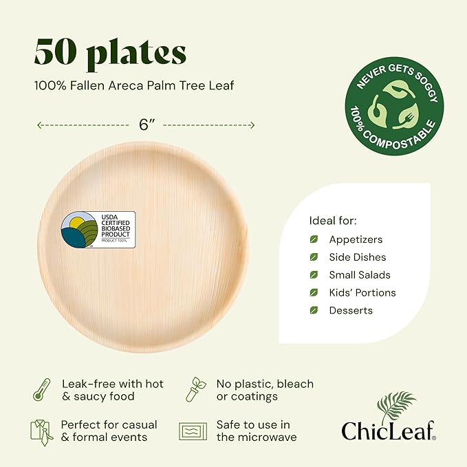Chic Leaf Palm Leaf Plates - 6" Pack of 50 - Eco-Friendly Compostable Plate - Versatile Appetizer Dish