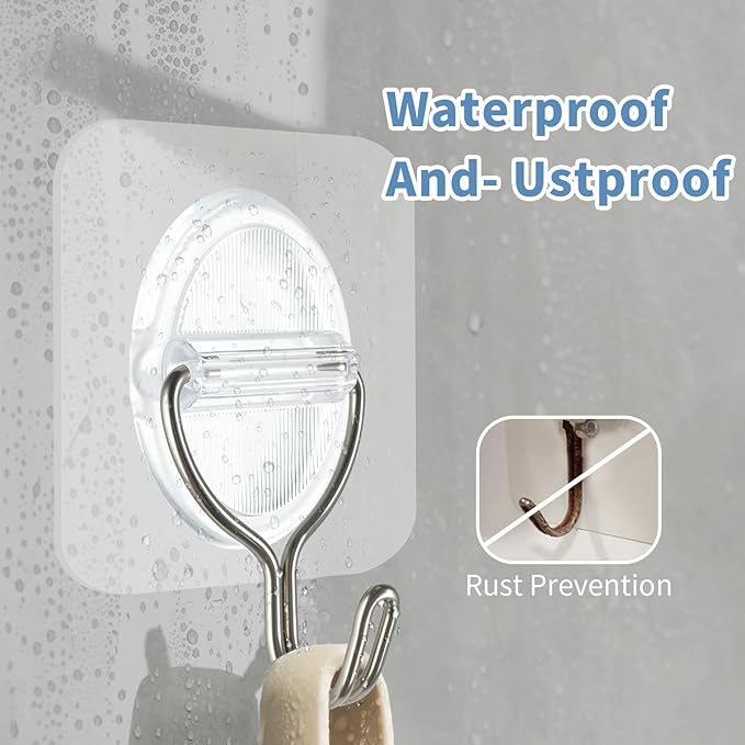 Adhesive Wall Hooks No Damage, Stick On Hooks for Hanging 10 Pack - Transparent Stainless Steel 5KG Heavy Duty, Waterproof Removable (5x5cm) Kitchen Bathroom Office, Ganchos para Pared (XL)