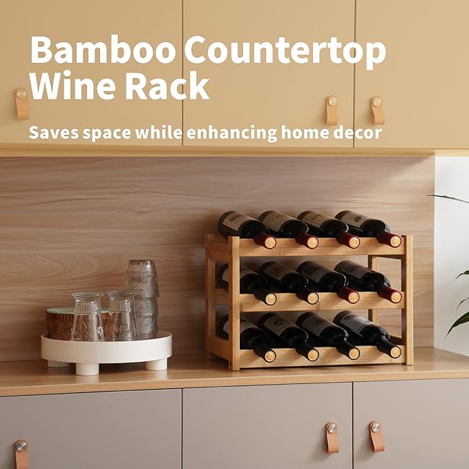 VASMIA Bamboo Wine Rack, Sturdy and Durable Wine Storage Cabinet Shelf, Wine Racks Countertop for Pantry,Kitchen,3-Tier 12 Bottles Wine Rack Natural