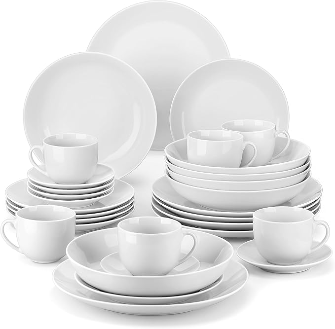 MALACASA 30-Piece Gourmet Porcelain Dinnerware Sets, Modern White Round Dish Set for 6 - Premium Serving Plates and Bowls Sets for Dessert, Salad, Soup, Pasta - Series AMELIA