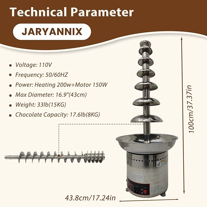 7 Tiers Chocolate Fountain, Stainless Steel Chocolate Waterfall Machine, Hot Cheese Fondue Tower with Automatic temperature control