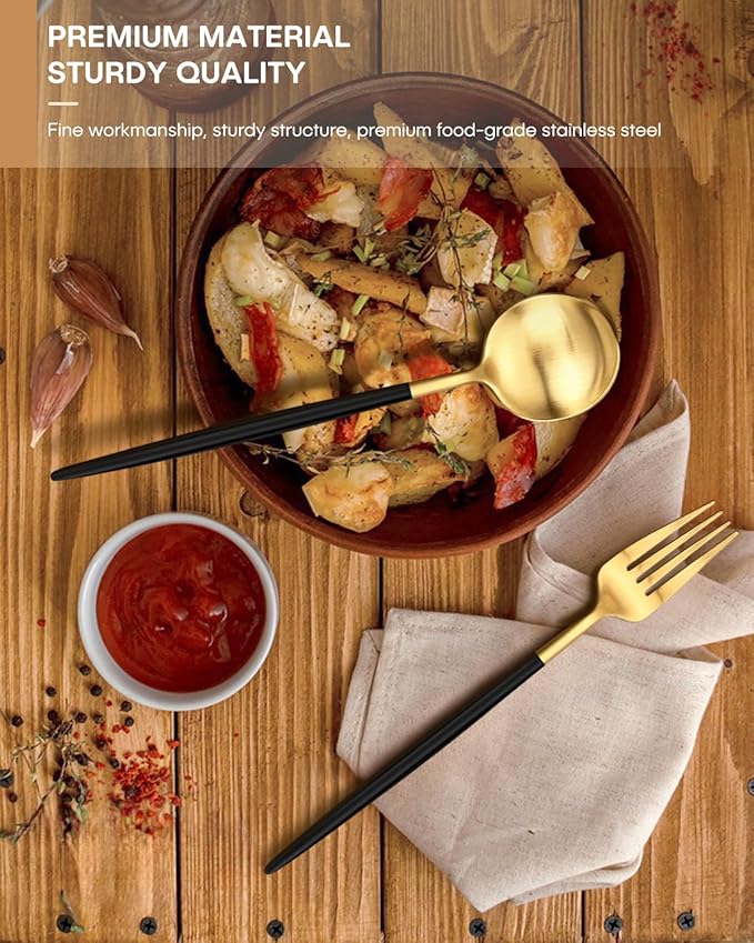 Gold and Black Silverware Set,Ollex 60-Piece Modern Silverware Set for 12 with Matte Knives Forks Spoons Flatware Set Food-Grade Stainless Utensils Duty Tableware Cutlery Set,Dishwasher Safe