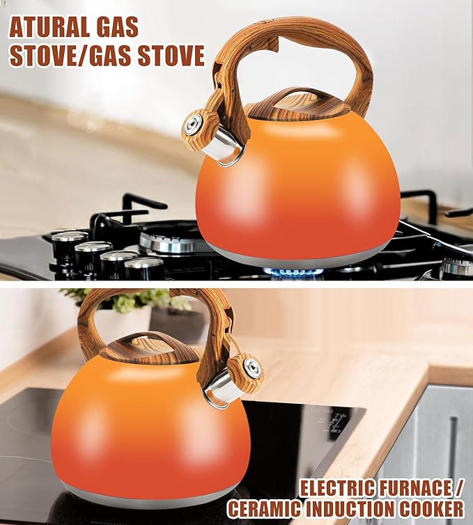 Tea Kettle Stovetop, 3.2Qt Stainless Steel Tea pots with Wood Grain Handle Food Grade Whistling Tea kettle,Induction/Gas Stoves (Orange-Red Gradient)