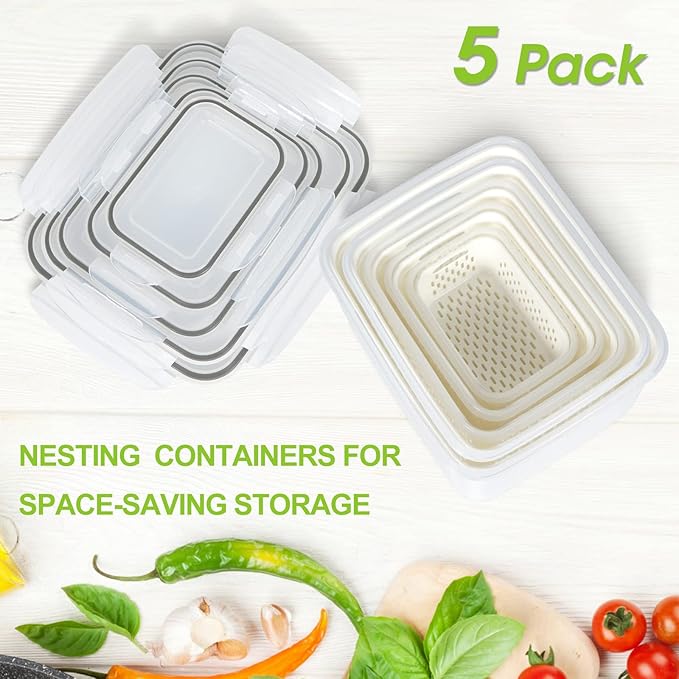 5 Pack Fruit Storage Containers for Fridge, Produce Saver Vegetable Container with Drain Colanders - Refrigerator Organizer for Lettuce Keepers Berry Container