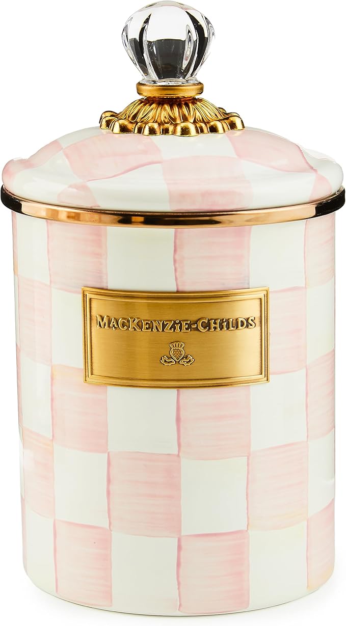 MACKENZIE-CHILDS Medium Enamel Canister, Kitchen Storage Container for Flour and Sugar, 1.42 Liters, Pink-and-White Rosy Check