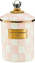 MACKENZIE-CHILDS Medium Enamel Canister, Kitchen Storage Container for Flour and Sugar, 1.42 Liters, Pink-and-White Rosy Check