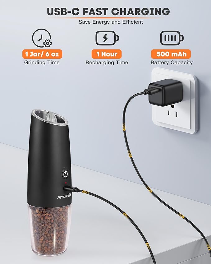 AmuseWit Gravity Electric Pepper Mill or Salt Grinder Mill [White Light] USB Rechargeable Automatic Pepper Grinder, Adjustable Coarseness, One-Handed Operation, Matte Black