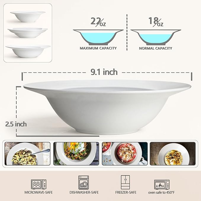 Pasta Bowls Set of 4, 22 oz Ceramic Soup, Cereal, Pasta and Salad Bowls, Rimmed Deep Plates, Microwave, Dishwasher, Oven Safe