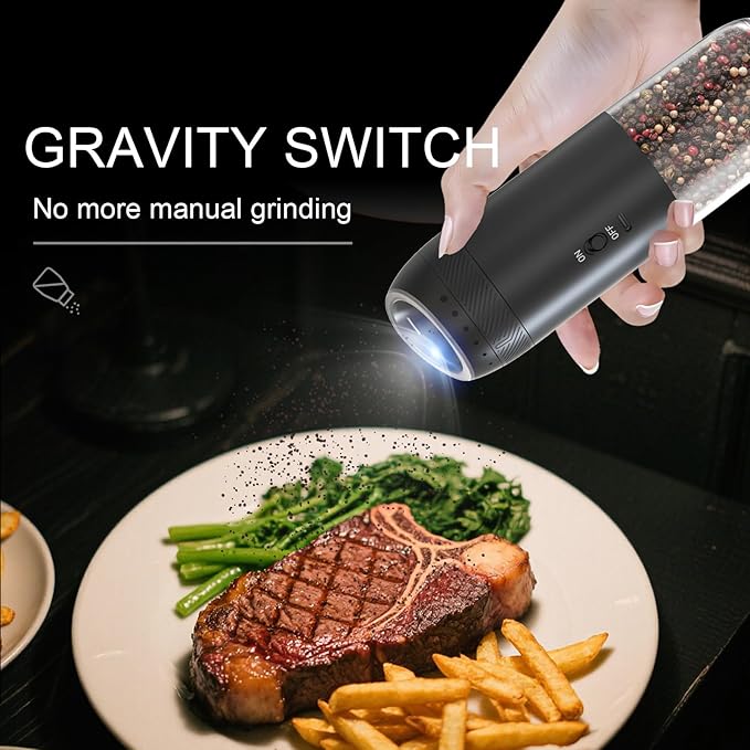 Electric Salt and Pepper Grinder Set – Rechargeable Gravity Automatic Pepper Mill Gift Set with LED Light & 6 Adjustable Coarseness
