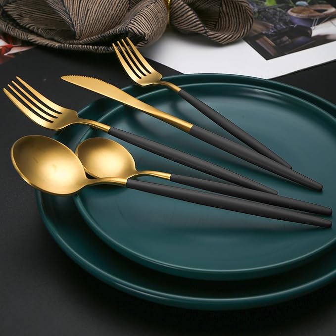 40 Pieces Matte Black&Gold Silverware Set, Stainless Steel Black&Gold Flatware Set for 8, Satin Finish Spoons and Forks Silverware Set, Black&Gold Cutlery Utensils Set, Dishwasher Safe
