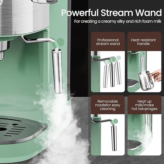 Espresso Machine 20 Bar, Professional Stainless Steel Coffee Maker with LCD Display, Steam Wand, 45oz Removable Water Tank, for Espresso, Cappuccino, Latte at Home or Office, Green