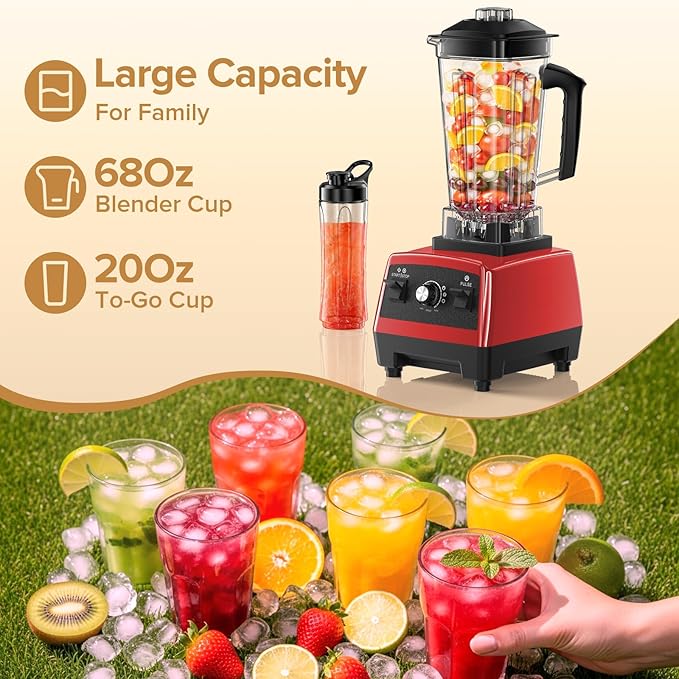 Blender for Smoothies, Powerful Smoothie Blender, Countertop Blenders for Kitchen with 68Oz. Pitcher & 20Oz. Portable Cup, BPA-Free, Red