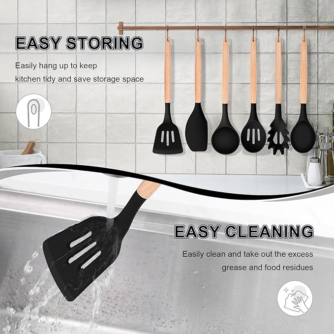 P&P CHEF Cooking Utensils Set, 6 PCS Kitchen Utensils with Wooden Handle, Silicone Spatula for Nonstick Cookware, Easy Clean & Non-toxic, Black