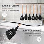 P&P CHEF Cooking Utensils Set, 6 PCS Kitchen Utensils with Wooden Handle, Silicone Spatula for Nonstick Cookware, Easy Clean & Non-toxic, Black