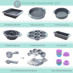 Tongjude 47 Pieces Silicone Baking Pans Set, 6 Silicone Cake Molds, Loaf Pan, Doughnut Pans, Non-Stick Baking Cup, with Measuring Cups and Spoons Set, Grey