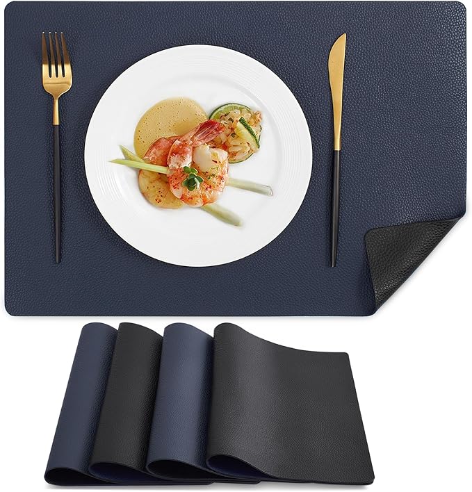 MOSAYT Vinyl Placemats Set of 4, Heat Resistant Place Mats 100% Waterproof Washable & Wipeable Faux Leather Reversible Table Mats for Kitchen Dining Party Indoor Outdoor, 12" x 17", Black/Navy