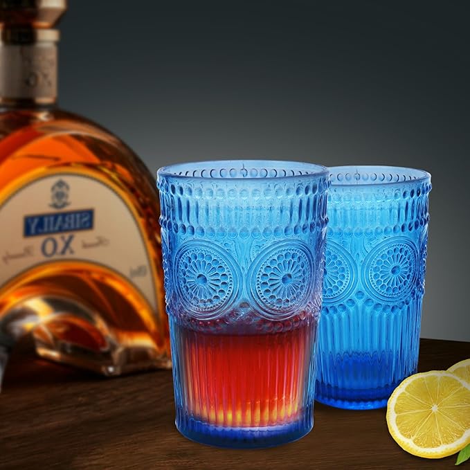 6pcs Vintage Drinking Glasses Set, 12 oz Blue Highball Glasses, Embossed Ribbed Glassware Cups for Cocktail, Water, Juice, Coffee, Whiskey
