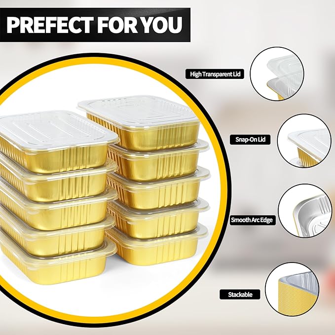 40 Pack 2LB 7.2"×5"×2.2" Gold Heavy Duty Aluminum Foil Pans with Lids 32oz Capacity Foil Food Containers with Lids, Tin Foil Pans with Lids for Baking, Meal Prep, Freezer and Takeout