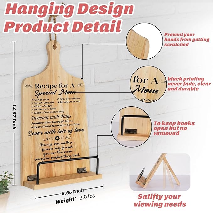 Gifts for Mom, Mom Gifts for Mother Day from Daughter Son, Cookbook Stand, Birthday Gift Ideas for Mother, Recipe Book Holder for Reading Hand Free, Unique Kitchen Presents