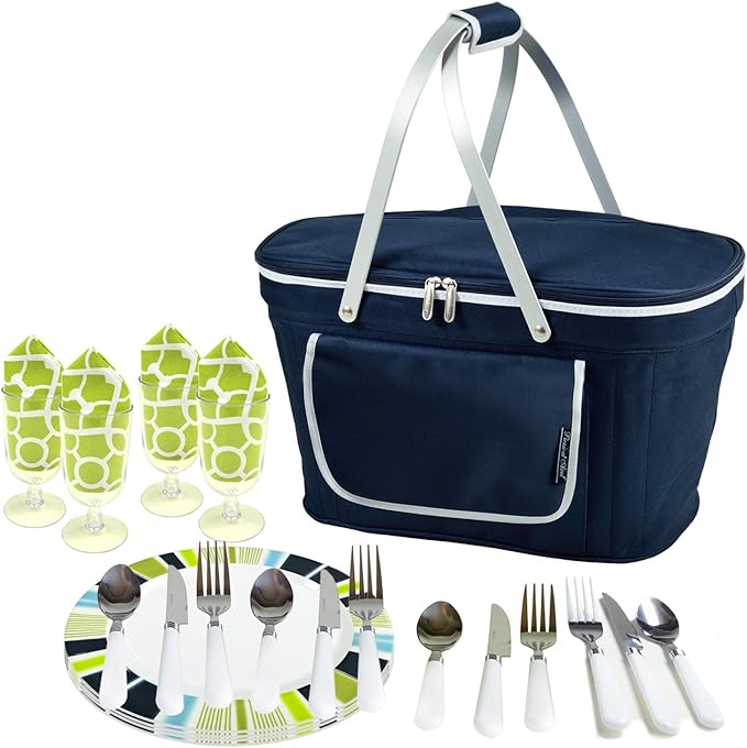 Picnic at Ascot Patented Collapsible Insulated Picnic Basket Equipped with Service For 4- Designed and Assembled in USA