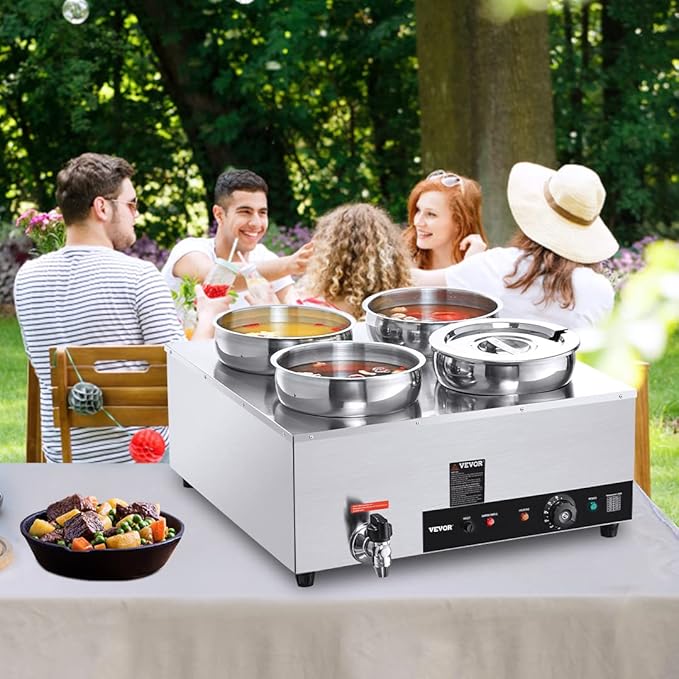 VEVOR Electric Soup Warmer, Four 7.4QT Stainless Steel Round Pot 86~185°F Adjustable Temp, 1500W Commercial Bain Marie with Anti-Dry Burn and Reset Button, Soup Station for Restaurant, Buffet, Silver