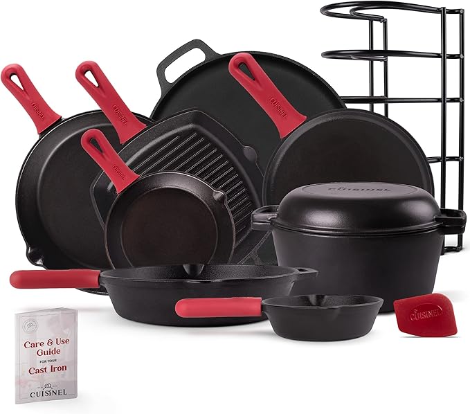Cast Iron Cookware 17-Piece Set - Pre-Seasoned 6" + 8" + 10" + 12" Skillet + Grill Pan+Lid + Griddle + Pizza Pan + Dutch Oven+Cover/Pan + Panrack + Silicone Handle Cover + Pan Scraper/Cleaner
