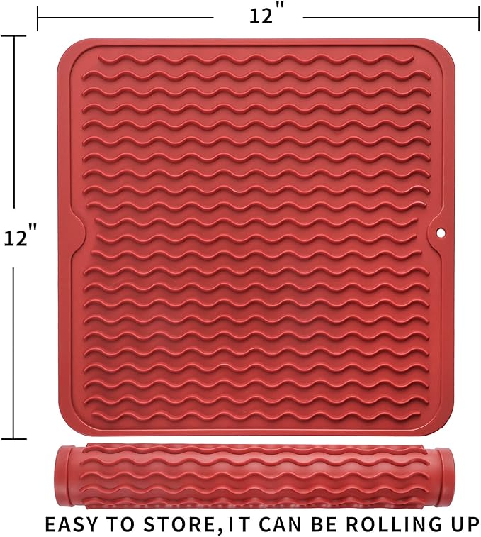 Silicone Dish Drying Mat for Multiple Usage,Easy clean,Eco-friendly,Heat-resistant Silicone Mat for Kitchen Counter or Sink,Refrigerator or Drawer liner Red M 12 inches x 12 inches