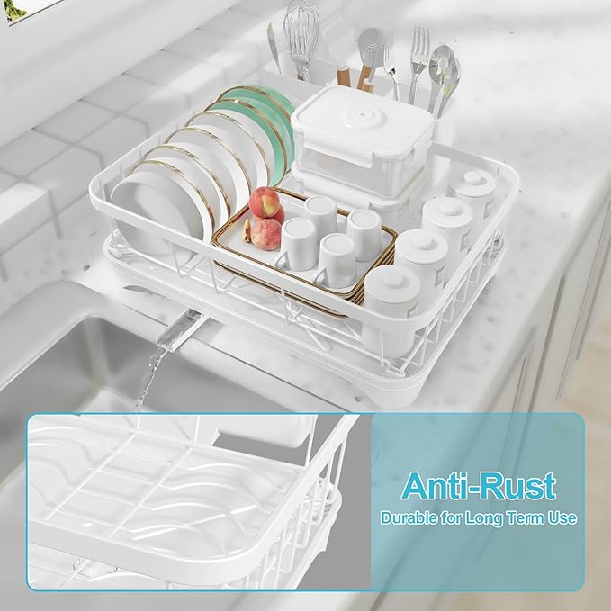 Dish Drying Rack - Space Saving Dish Rack with Drainboard,Single Layer with Utensil Holder - Large Capacity Countertop Organizer for Bowls, Cups, Dish Drainer White